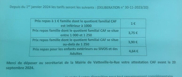 tableau quotient familial Cantine 2024